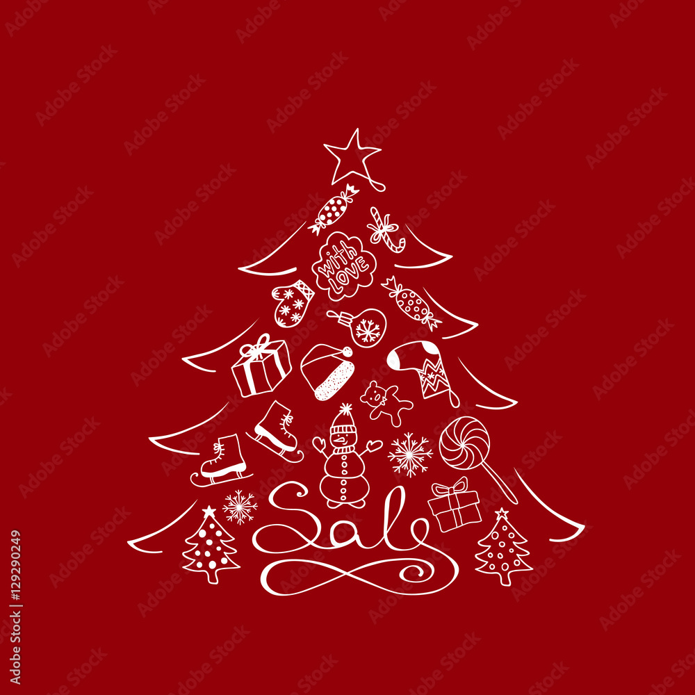 Banner For Sale - Christmas Tree With White Cartoon Elements On The Red Background Banner For Sale - Christmas Tree With White Cartoon Elements On The Red Background