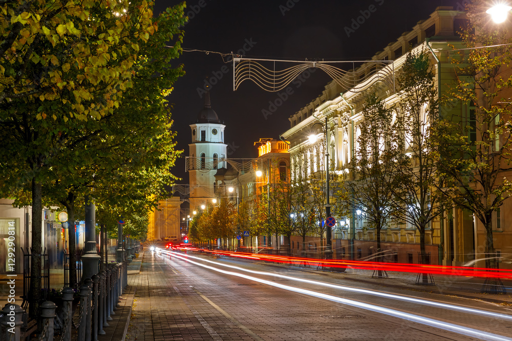 Fototapeta premium Gediminas prospect and Cathedral Belfry and luminous track from the car at night, Vilnius, Lithuania, Baltic states.