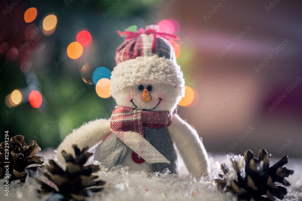 Snowman and pine cone on snow Snowman and pine cone on snow