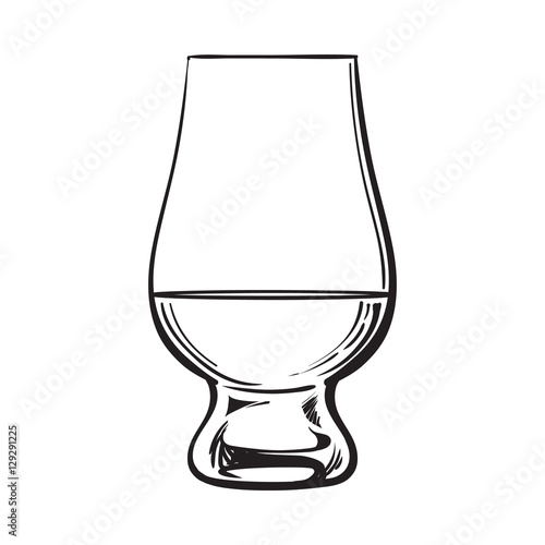 Scotch whiskey, rum, brandy nosing glass, sketch style vector illustration isolated on white background. black and white hand drawing of nosing glass for whiskey, scotch, brandy