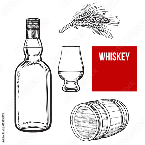 Set of hand drawn whiskey bottle, glass, barrel and malt, sketch vector illustration isolated on white background. black and white hand drawing of an unlabeled whiskey bottle, glass, barrel and malt