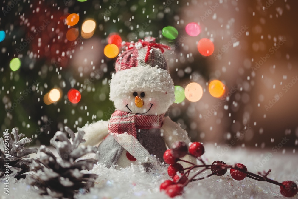 Snowman and pine cone on snow Snowman and pine cone on snow