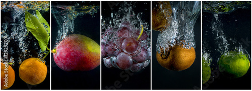 Fruits falling into the water with splashes and bubbles. Collage of photos.