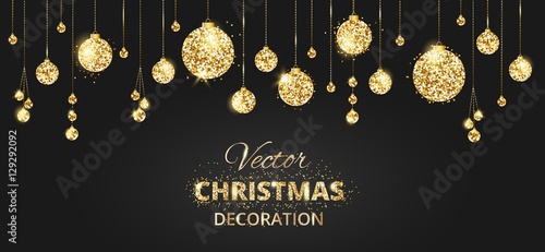 Christmas background with glitter decoration. Black and gold bac