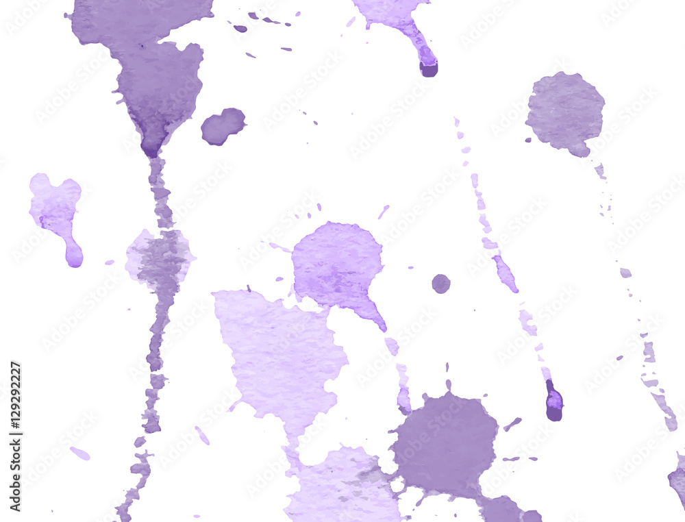 Purple watercolor splashes and blots on white background. Ink painting. Hand drawn illustration. Abstract watercolour artwork. 