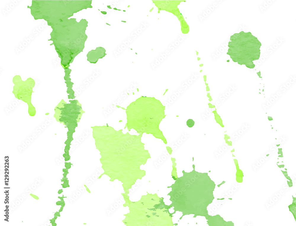 Green watercolor splashes and blots on white background. Ink painting. Hand drawn illustration. Abstract watercolour artwork. 