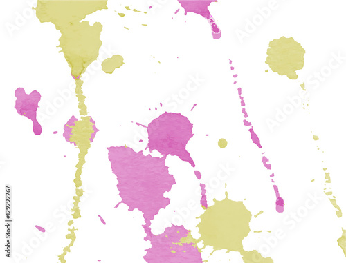 Pink and mustard yellow watercolor splashes and blots on white background. Ink painting. Hand drawn illustration. Abstract watercolour artwork. 