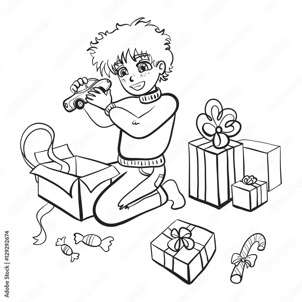 Vector isolated cartoon style illustration of a happy kid boy unpacking christmas presents. Winter holidays, playing, toy car. Vector isolated cartoon style illustration of a happy kid boy unpacking christmas presents. Winter holidays, playing, toy car.
