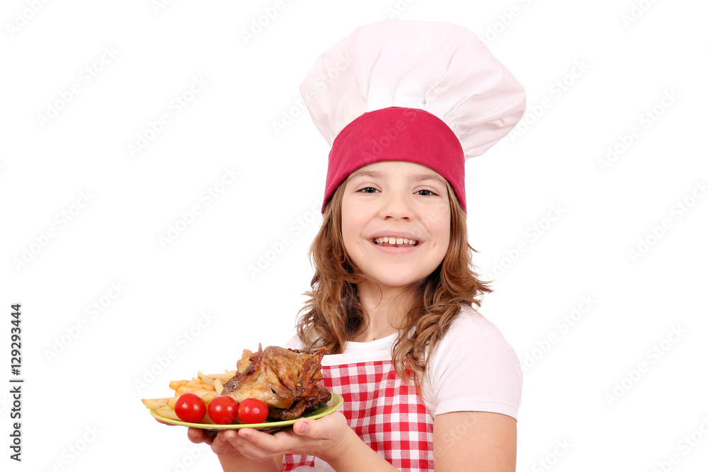 happy little girl cook with roasted chicken wings franch fries a happy little girl cook with roasted chicken wings franch fries a