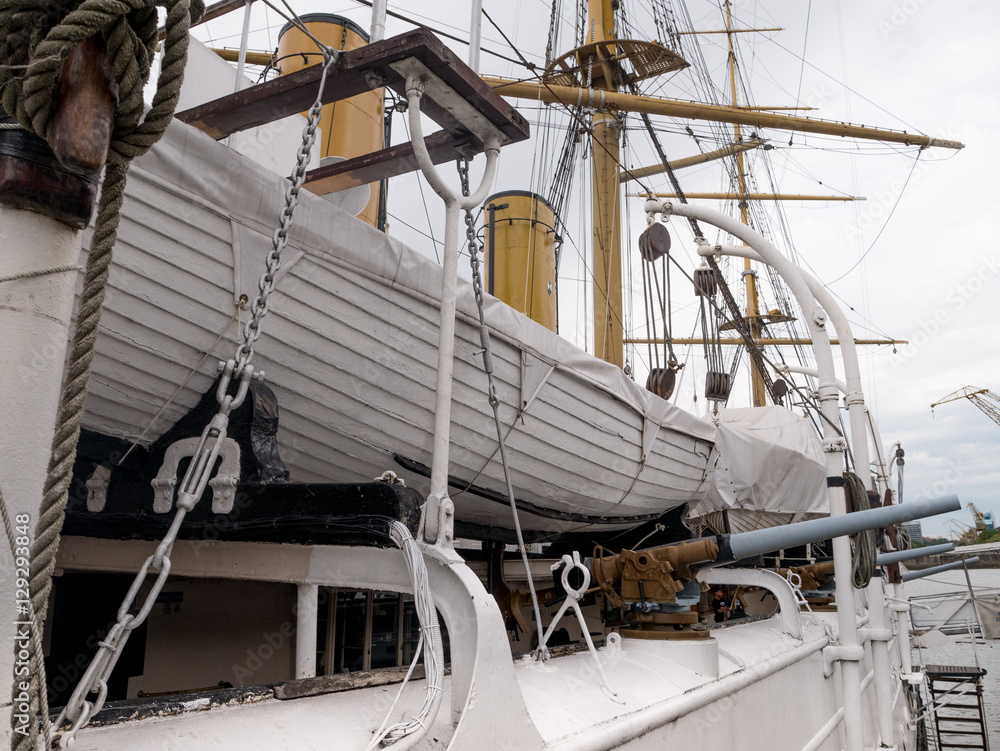 Safety lifeboat on deck of a passenger ship.