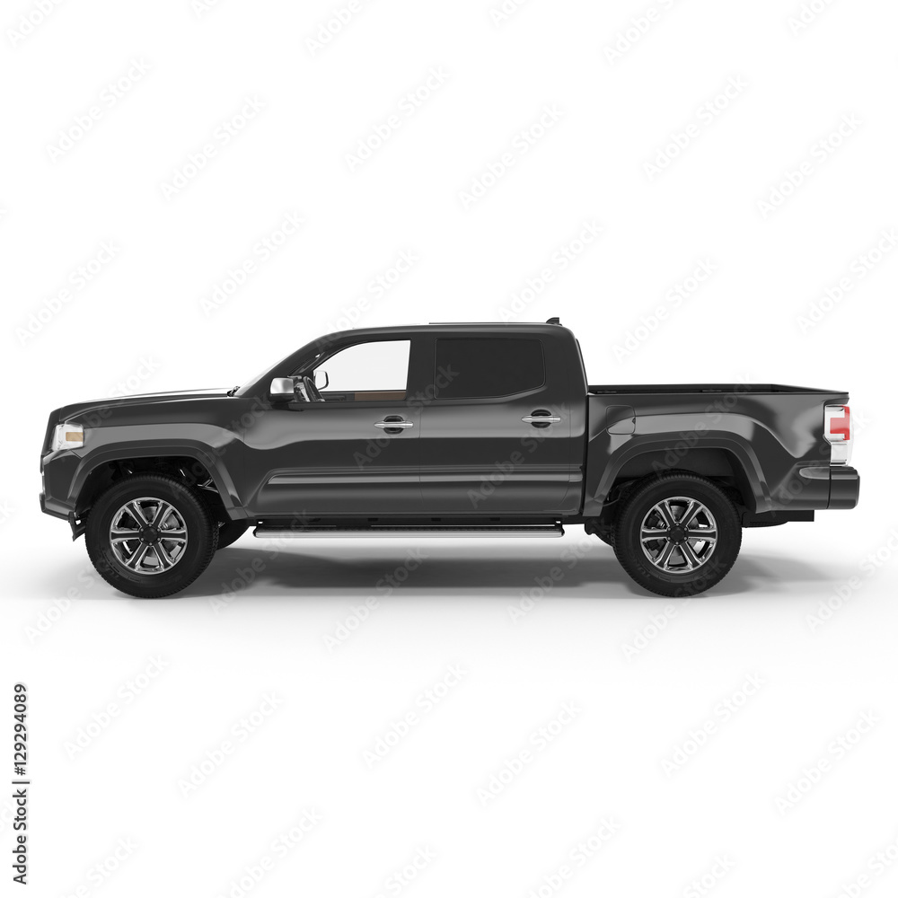 Side view Black Pick up Truck on white. 3D illustration - obrazy, fototapety, plakaty 