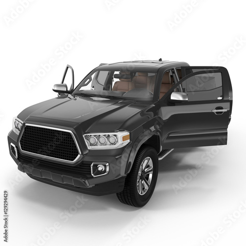 Pickup Truck on white. Doors opened. 3D illustration