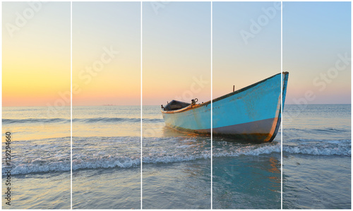 Fototapeta Naklejka Na Ścianę i Meble -  Separate frames of one photo of Fishing boat and sunrise