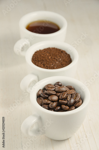 Coffee. Coffee cups and coffee beans.