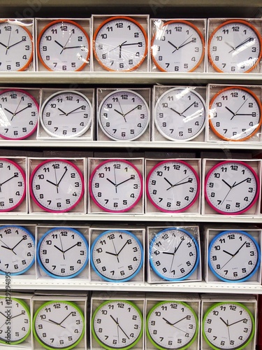 colorful wall clocks on display