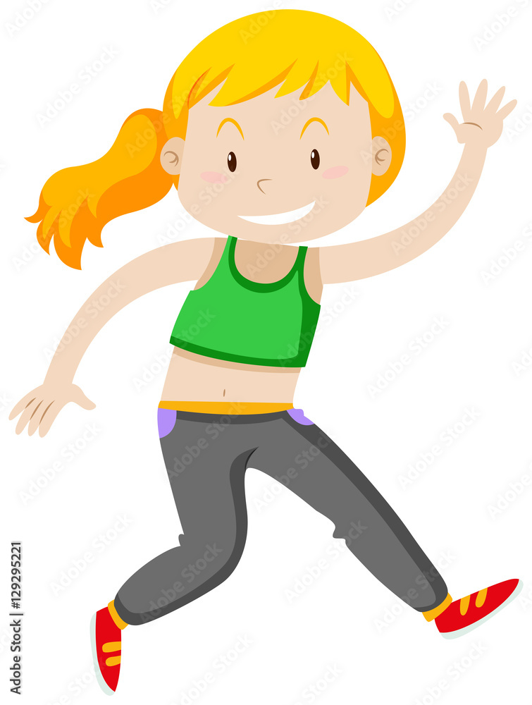 Girl in exercise outfit waving hello