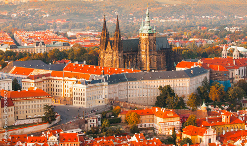 Принти на полотні Prague Castle complex with gothic St Vitus Cathedral in the evening time illuminated by sunset, Hradcany, Prague, Czech Republic