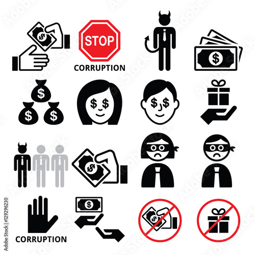 Corruption, no bribes and presents, corrupted businessman icons set 