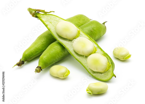 broad bean pods and seeds on white background