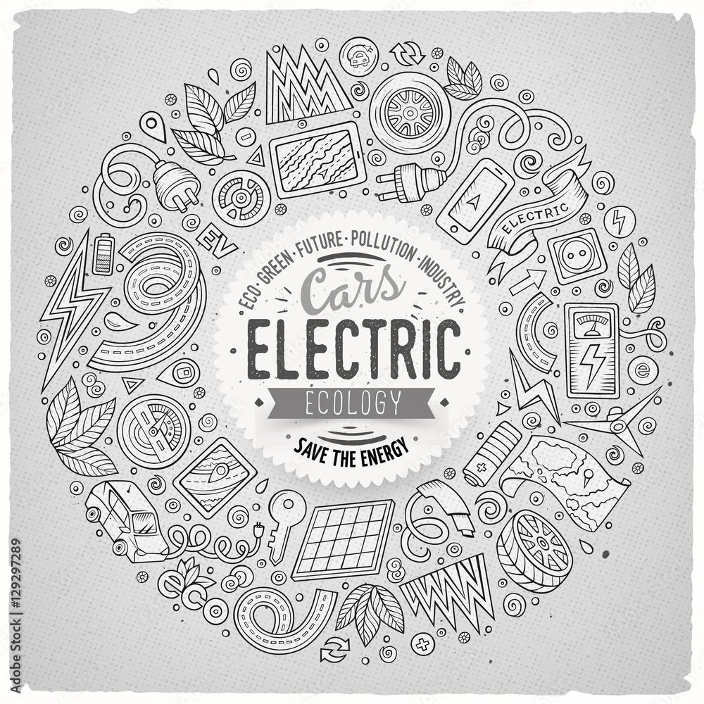 Vector hand drawn set of Electric cars cartoon doodle objects