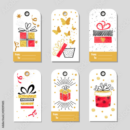 Set of Christmas gift tags with hand drawn gift boxes. Vector collection of doodle  labels in red, golden and black colors.