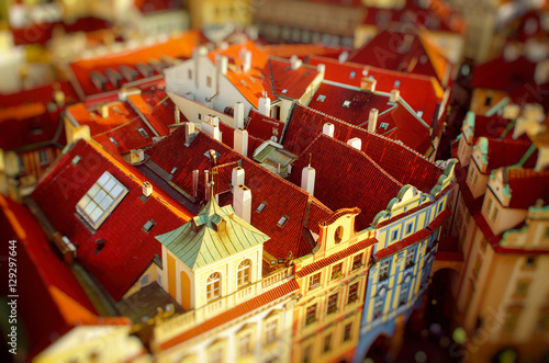 Red Prague roofs - view from the City Hall, travel european background with tilt-shift blurred effect