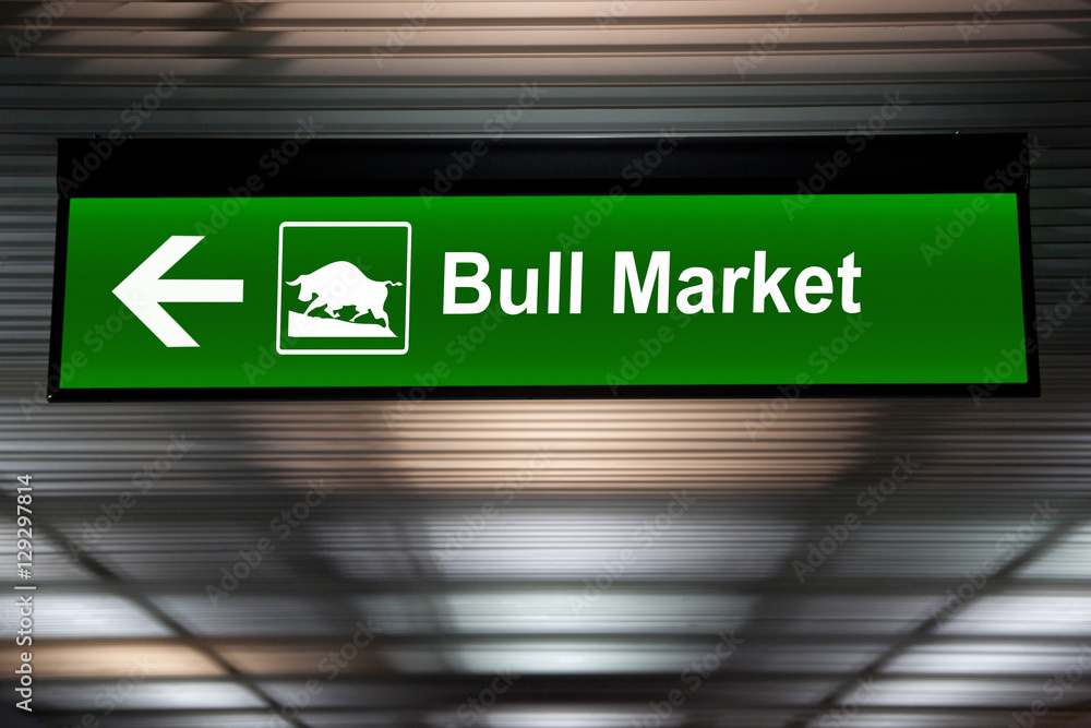 A modified sign indicating a bull market ahead. Green color A modified sign indicating a bull market ahead. Green color