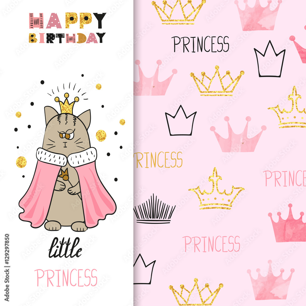 Fototapeta Watercolor birthday greeting card design for little girl. Vector illustration of cute little princess cat.