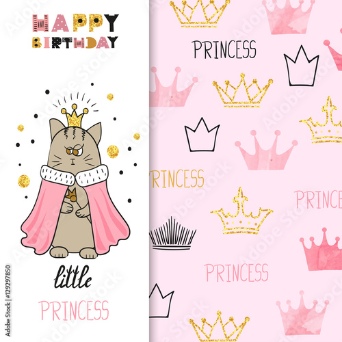 Watercolor birthday greeting card design for little girl. Vector illustration of cute little princess cat.