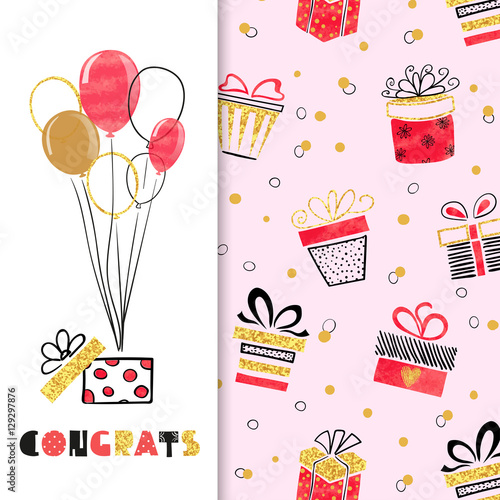 Watercolor birthday greeting card design in red, black and golden colors. Vector illustration of gift boxes and balloons.