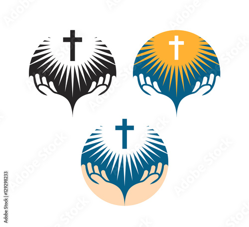 Crucifix symbol. Crucifixion of Jesus Christ icons. Church logo