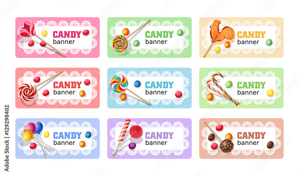 Set of sweet lollipop vector banners.