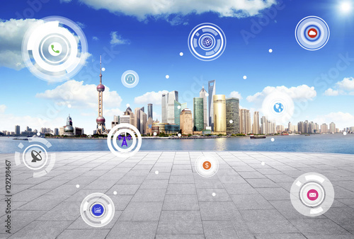 Shanghai China city scape and network connection concept
