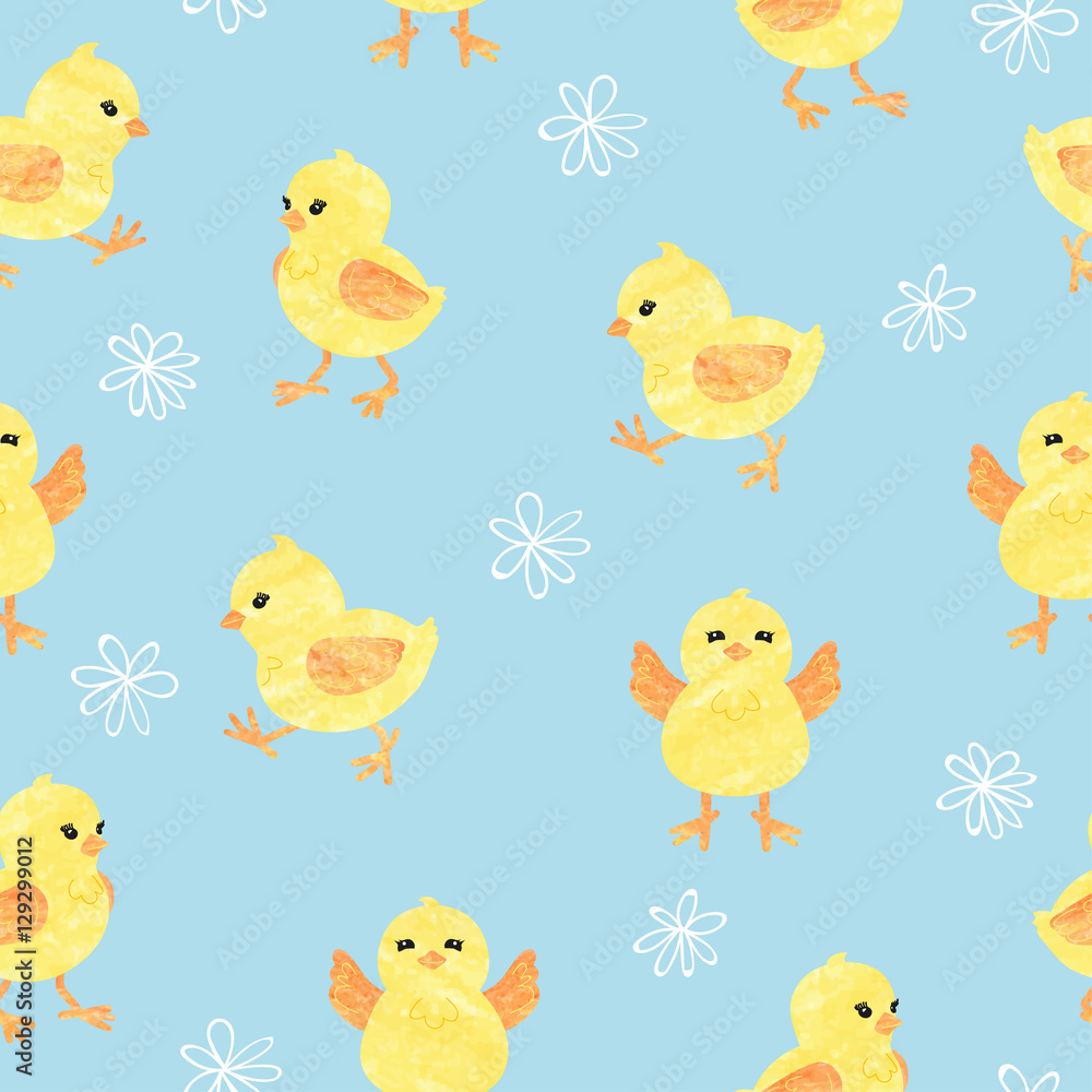 Seamless blue pattern with cute little chickens. Funny yellow chicks in different poses. Vector illustration.