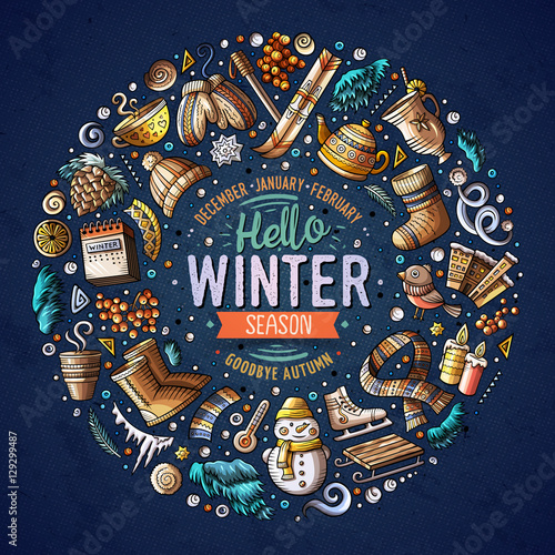 Set of Winter cartoon doodle objects, symbols and items