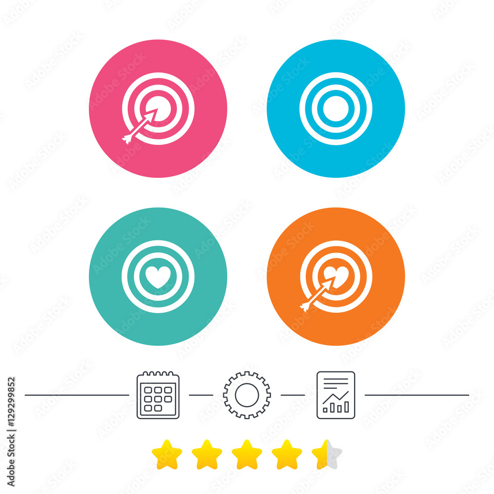 Target aim icons. Darts board with heart and arrow signs symbols. Calendar, cogwheel and report linear icons. Star vote ranking. Vector Target aim icons. Darts board with heart and arrow signs symbols. Calendar, cogwheel and report linear icons. Star vote ranking. Vector