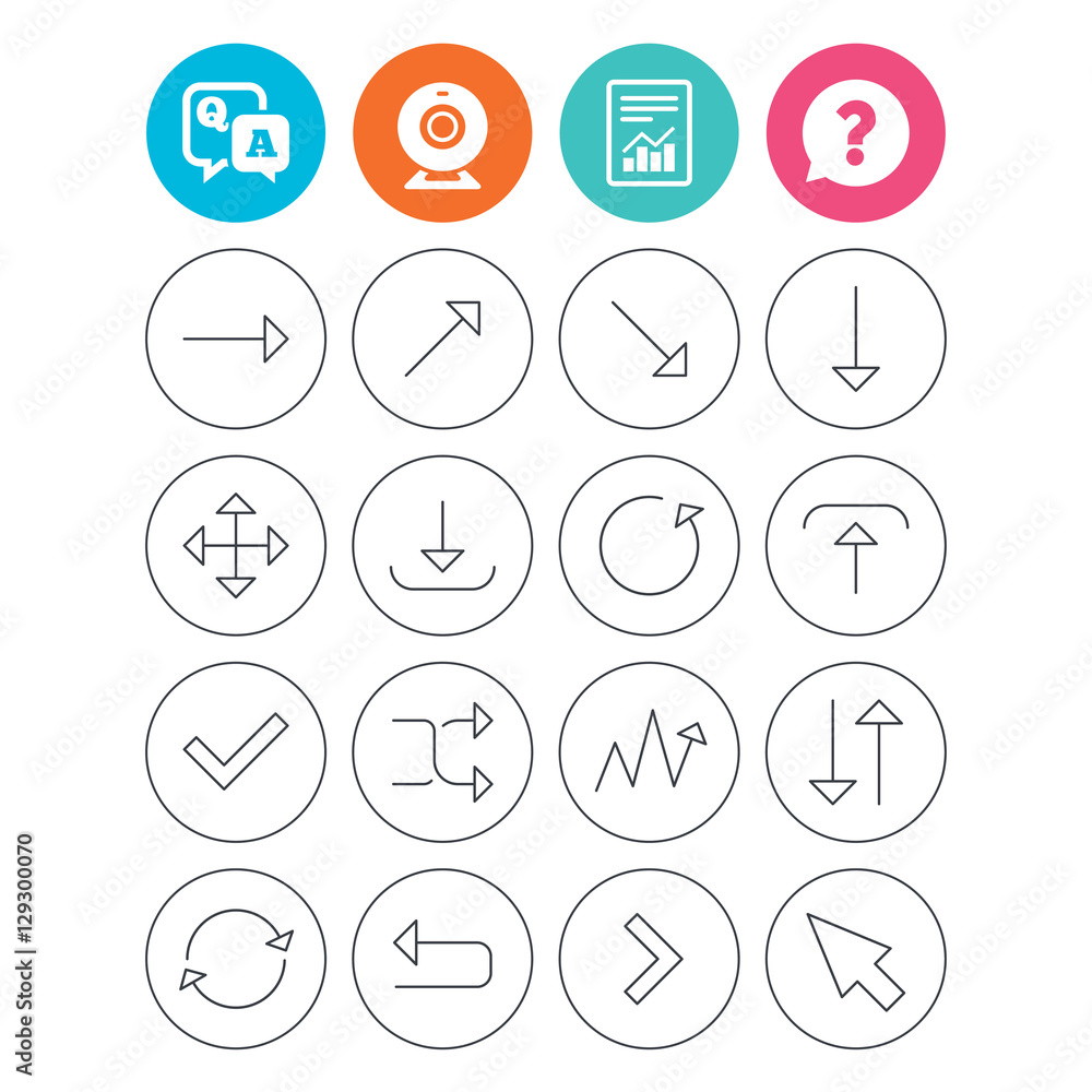 Arrows line icons. Download, upload, check or tick symbols. Refresh, fullscreen and shuffle thin outline signs. Report document, question and answer icons. Web camera sign. Vector Arrows line icons. Download, upload, check or tick symbols. Refresh, fullscreen and shuffle thin outline signs. Report document, question and answer icons. Web camera sign. Vector