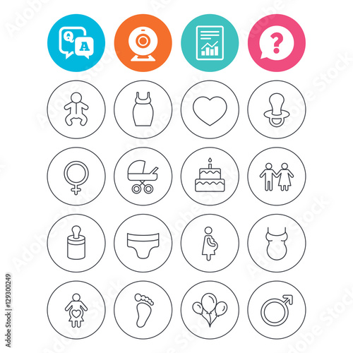 Baby and Maternity icons. Toddler, diapers and child footprint symbols. Heart, birthday cake and pacifier thin outline signs. Pregnant woman, couple and air balloons. Vector