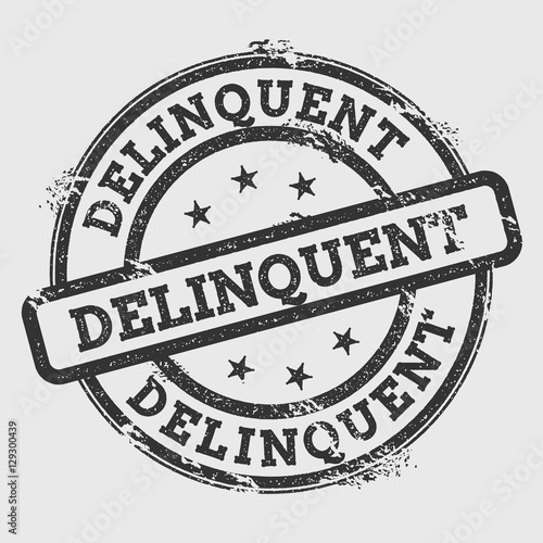 Delinquent rubber stamp isolated on white background. Grunge round seal with text, ink texture and splatter and blots, vector illustration.