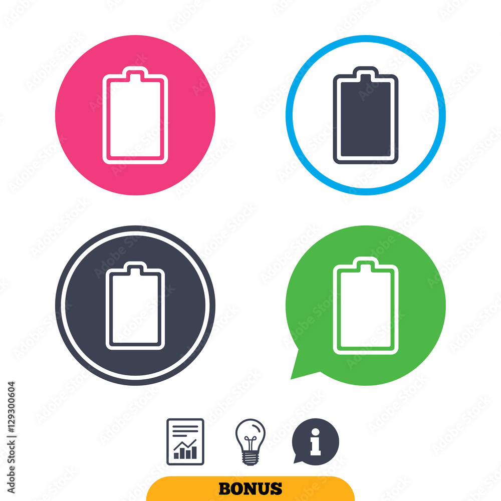 Battery fully charged sign icon. Electricity symbol. Report document, information sign and light bulb icons. Vector Battery fully charged sign icon. Electricity symbol. Report document, information sign and light bulb icons. Vector