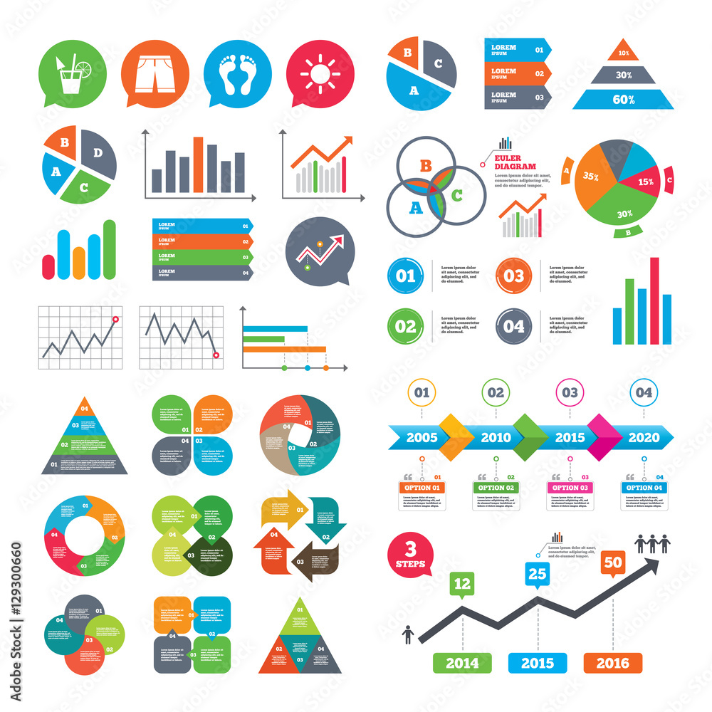 Business charts. Growth graph. Beach holidays icons. Cocktail, human footprints and swimming trunks signs. Summer sun symbol. Market report presentation. Vector Business charts. Growth graph. Beach holidays icons. Cocktail, human footprints and swimming trunks signs. Summer sun symbol. Market report presentation. Vector