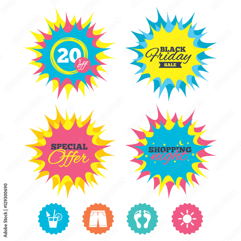 Fototapeta premium Shopping night, black friday stickers. Beach holidays icons. Cocktail, human footprints and swimming trunks signs. Summer sun symbol. Special offer. Vector