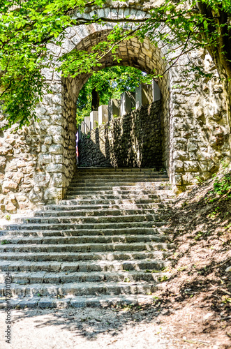 Old Ancient vintage castle stone stairs with trees and forest.