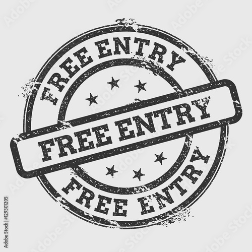 Free entry rubber stamp isolated on white background. Grunge round seal with text, ink texture and splatter and blots, vector illustration.