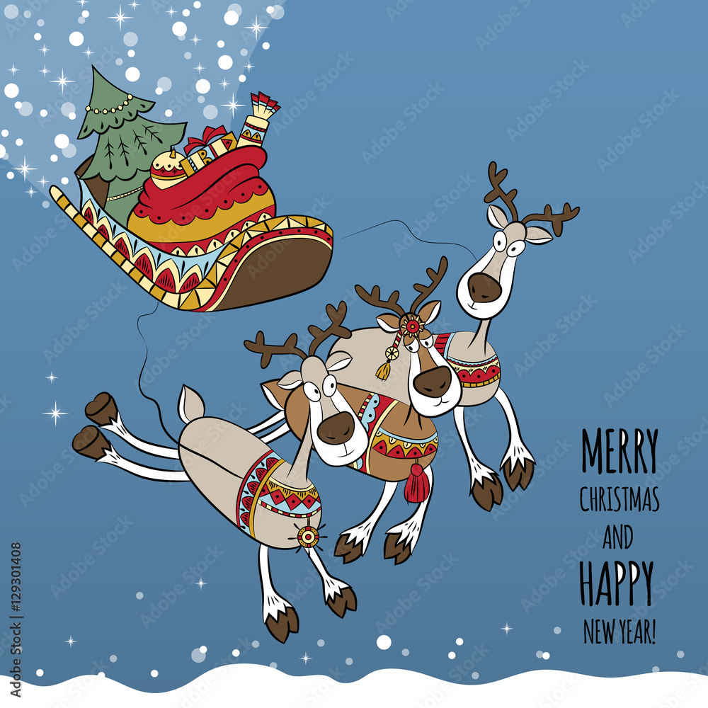 Naklejka premium Merry Christmas card with Christmas tree, snow, sled and deers