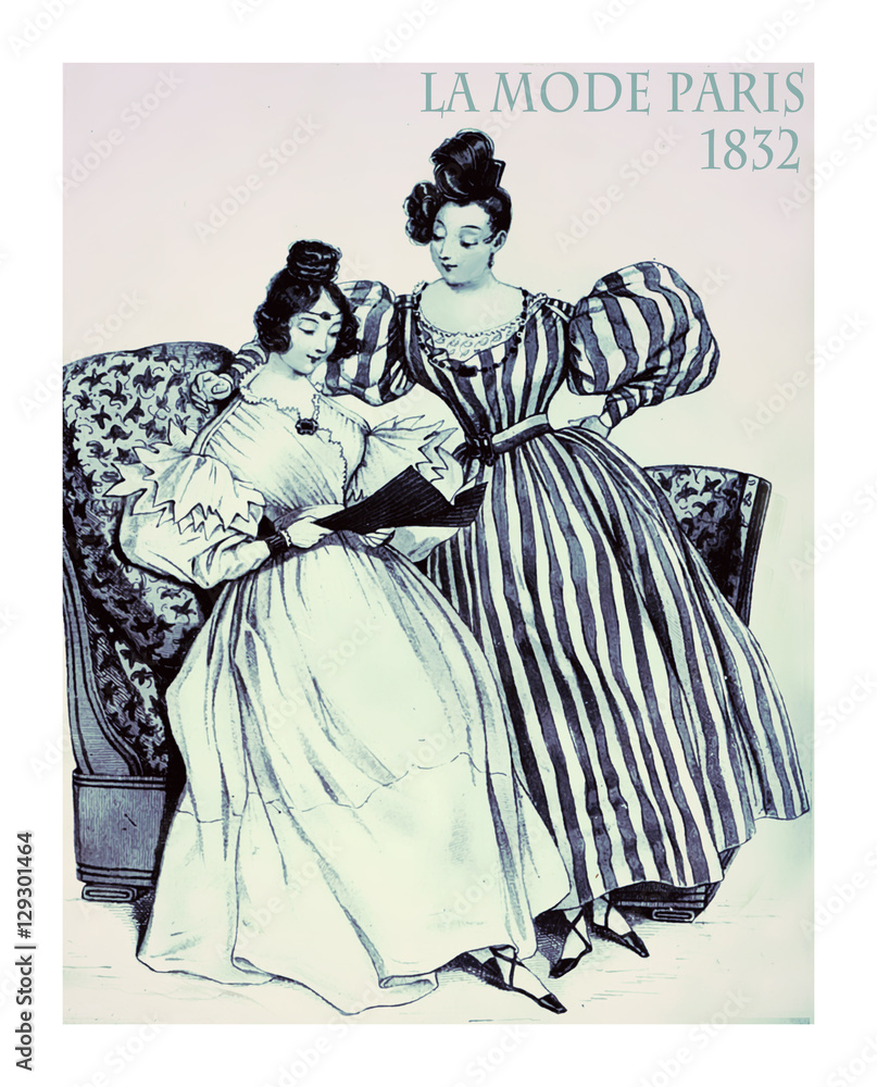 1832 fashion, french magazine La Mode presents two young ladies at home with fancy dresses and hairdo