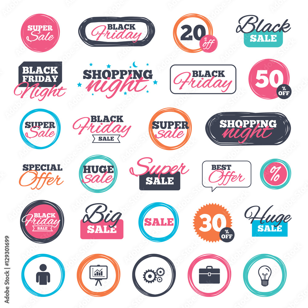 Sale shopping stickers and banners. Business icons. Human silhouette and presentation board with charts signs. Case and gear symbols. Website badges. Black friday. Vector