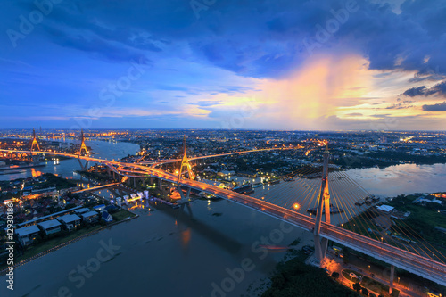 Bangkok City - Beautiful sunset view of Bhumibol Bridge in Bangkok , Bridge of transportation for import , export , Bangkok ,Thailand