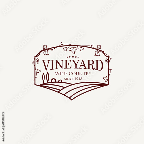Landscape with vineyard fields, villa, trees. Outline vector illustration of rural landscape. Trendy concept for wine list, bar or restaurant menu, labels and package. 
