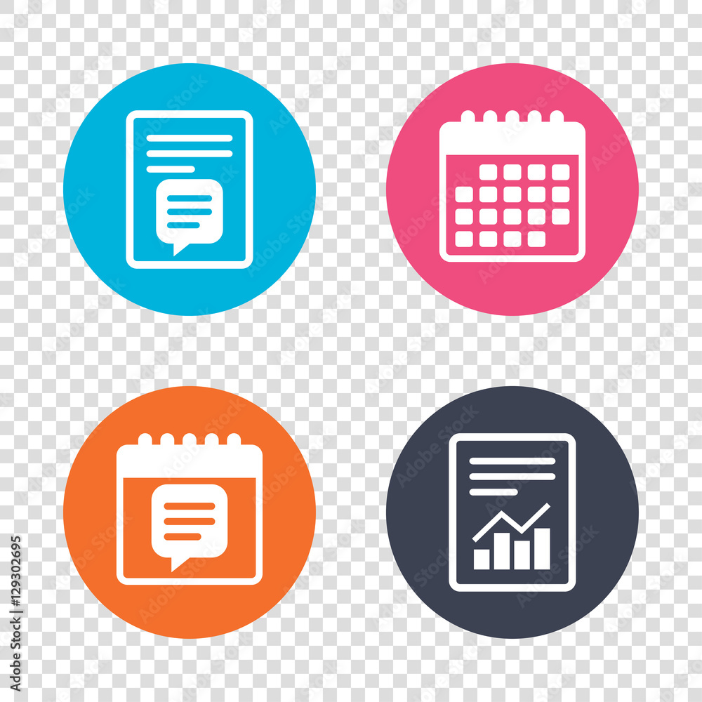 Report document, calendar icons. Chat sign icon. Speech bubble symbol. Communication chat bubble. Transparent background. Vector Report document, calendar icons. Chat sign icon. Speech bubble symbol. Communication chat bubble. Transparent background. Vector